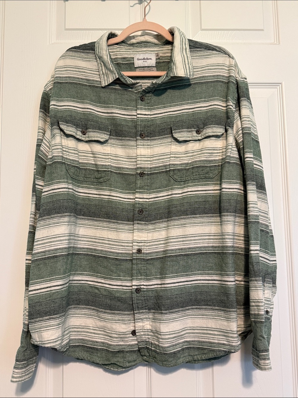 Goodfellow & Co Green and White Striped Casual Button-Down Shirt